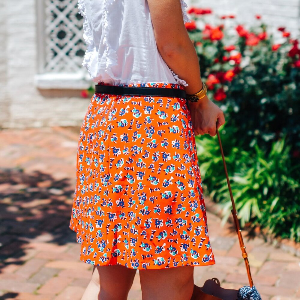 Draper James Georgia Red Floral Cotton Skirt A-Line, Skater Skirt Elastic